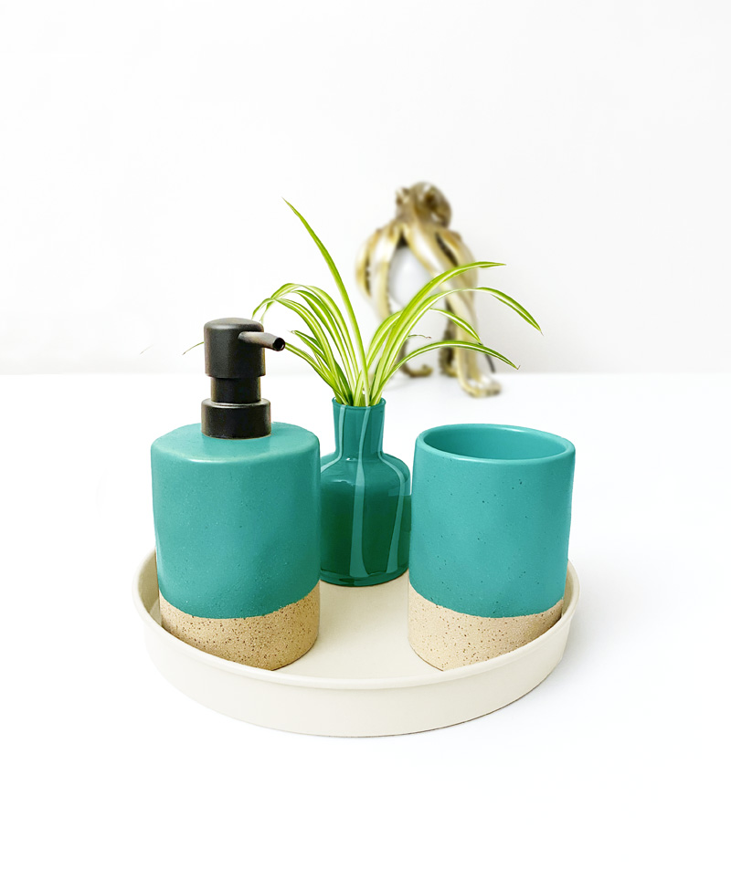 Seifenspender, Becher und Pflanze